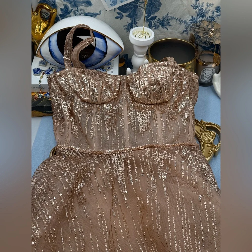 🆕 BRONX & BANCO 🧿 NWOT Mademoiselle Gold Sequin Midi Dress , Size XS US 2 - Picture 13 of 17